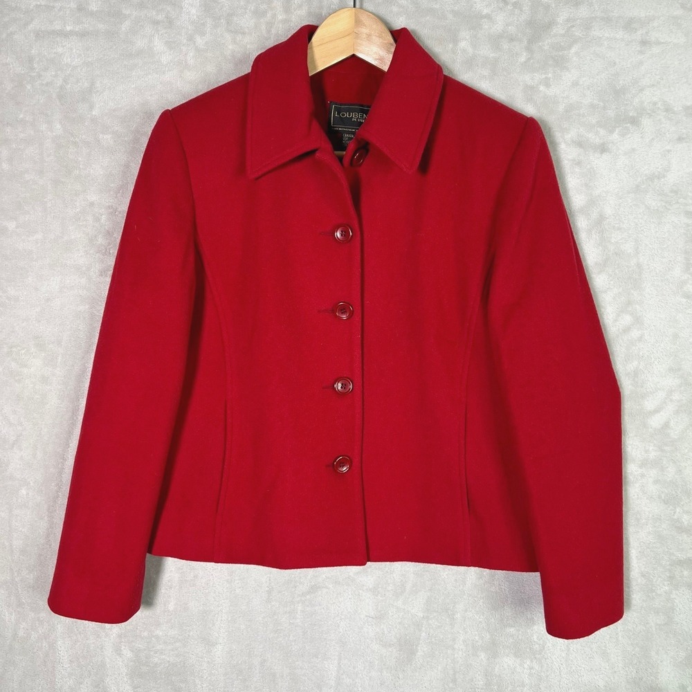Louben Petites Blazer Womens‎ 6P US Red Wool Cashmere Button Front Jacket